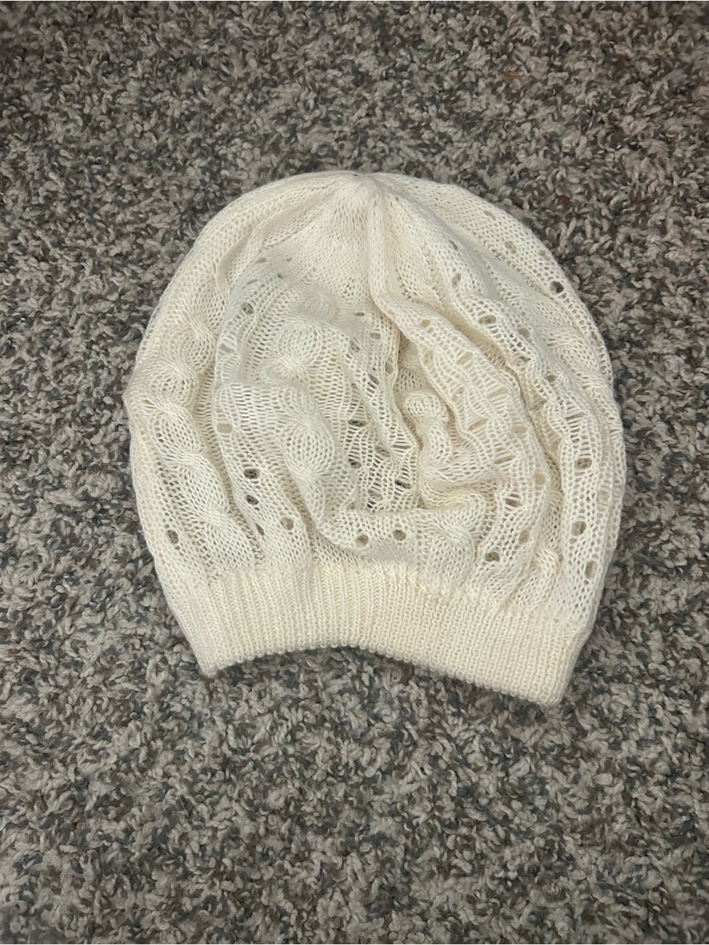 Cream Knit Slouchy Beanie With Eyelet Details
